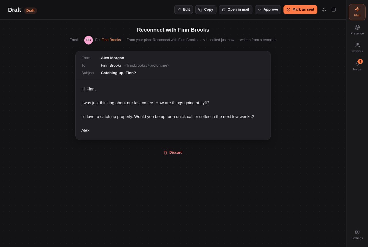 A draft email previewed on the canvas with approve and copy actions