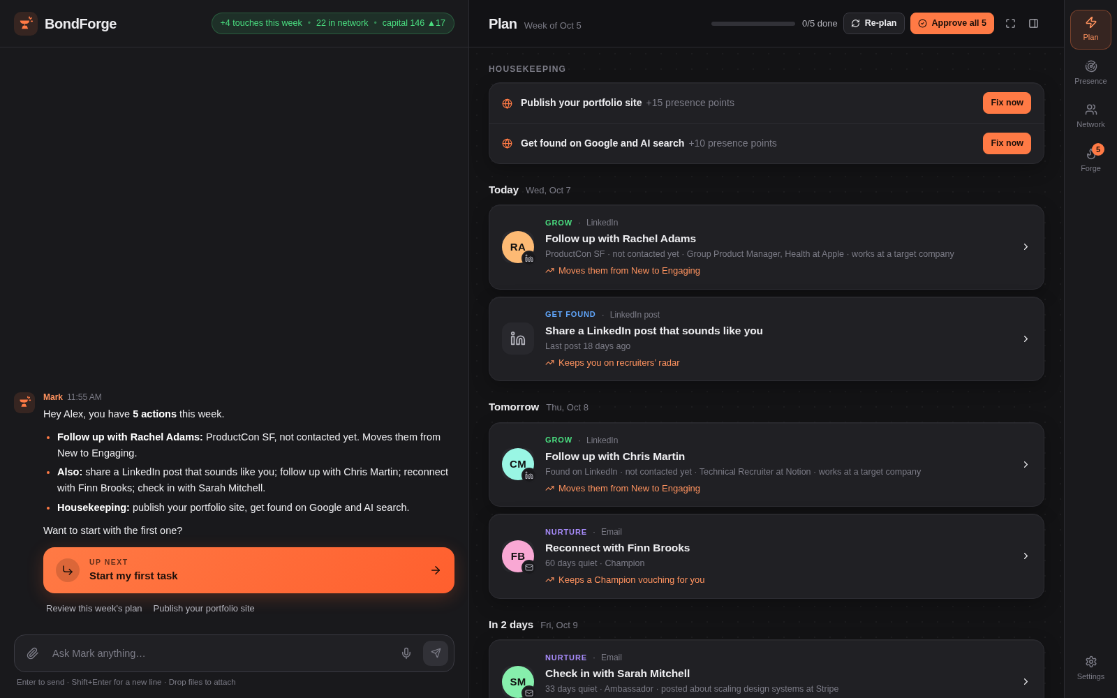 BondForge: Mark's weekly plan next to the chat